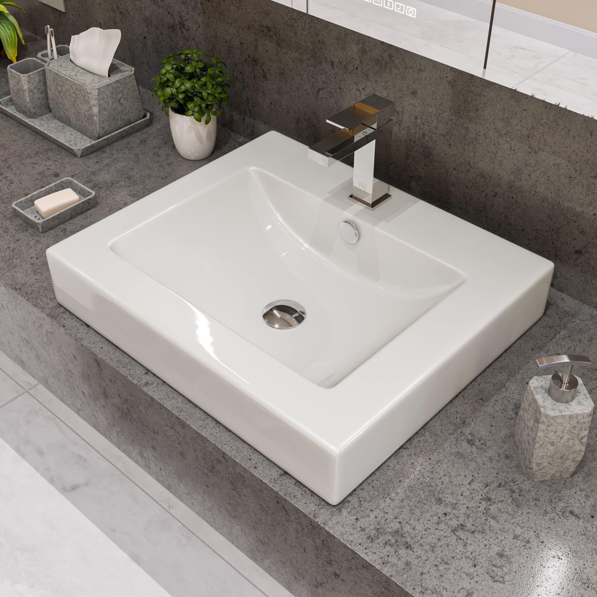 ALFI ABC701 White Ceramic Bathroom Sink - Modern Drop-in Vanity Basin for Powder Room & Guest Bath Installation