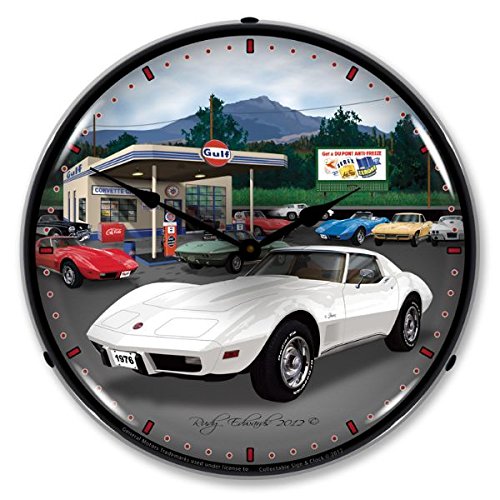 1976 Corvette Gulf Oil Lighted Wall Clock - Vintage Car Decor, Auto Enthusiast Gift, Man Cave & Garage Decor (12-Inch LED Wall Clock)