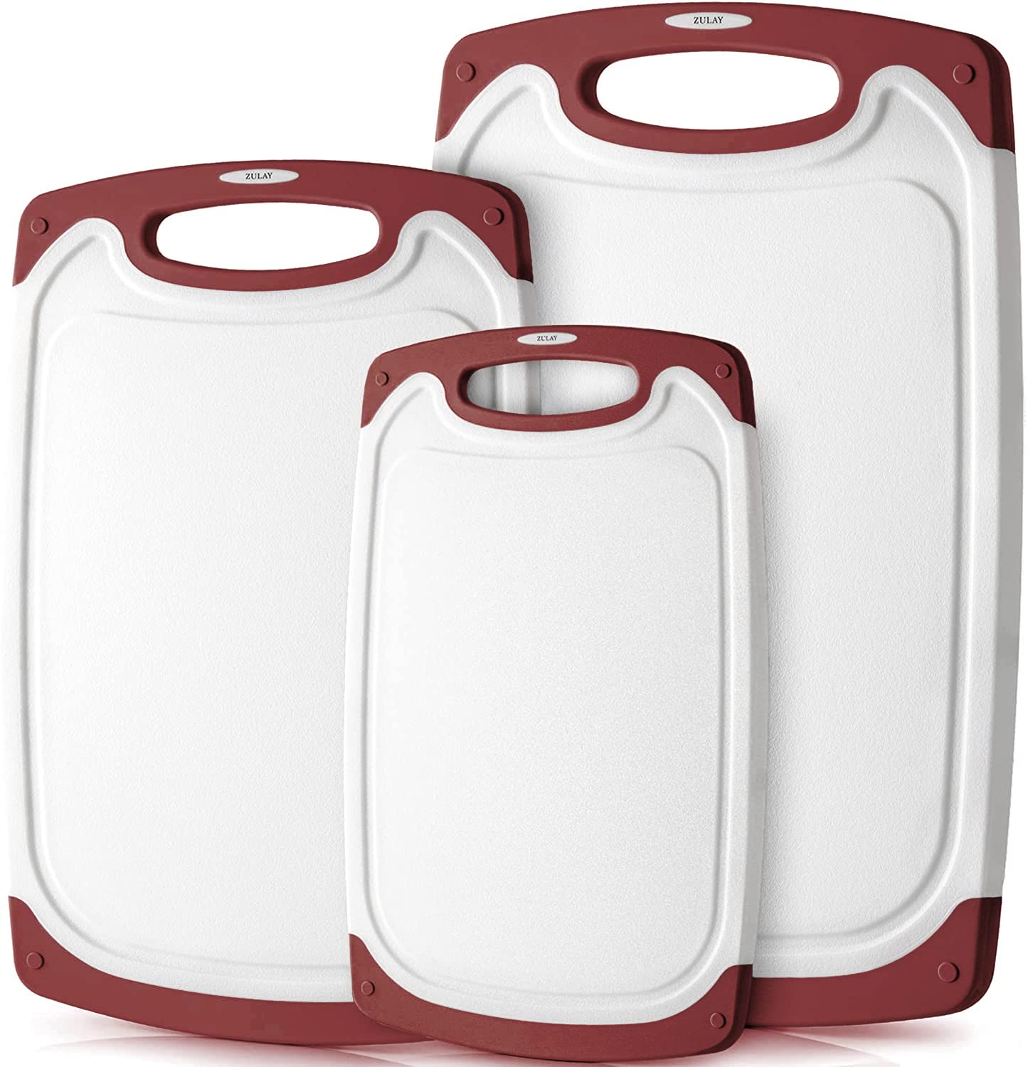 Zulay Kitchen 3-Piece Plastic Cutting Board Set - Dishwasher Safe, Non-Slip with Juice Groove - White & Red Multiple Sizes for Meat, Vegetables & Fruits - Perfect for Home Cooking & Meal Prep