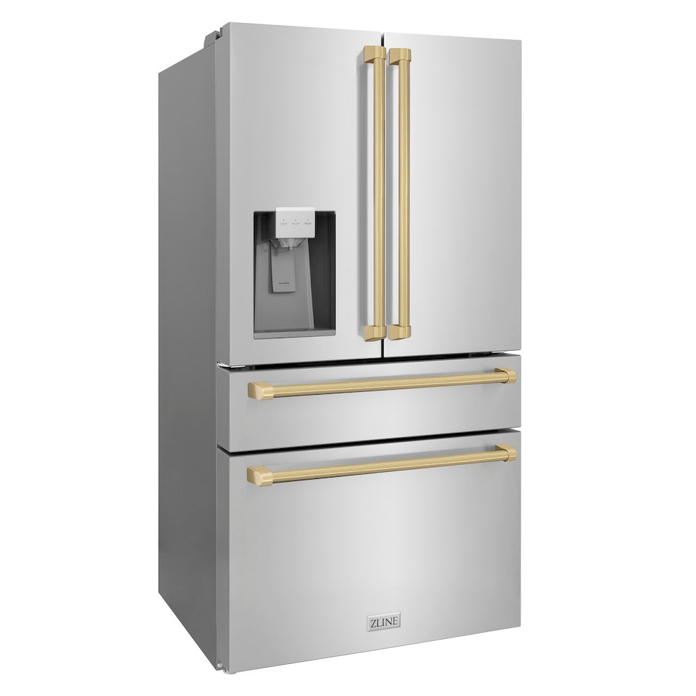 ZLINE Autograph Edition 36 Inch Counter Depth French Door Refrigerator - 21.6 cu.ft Capacity, Fingerprint Resistant Stainless Steel with Champagne Bronze Handles, Built-in Water and Ice Dispenser (RFMZ W 36 CB) - Perfect for Modern Kitchens, Open Concept Homes, and Luxury Appliances Collection
