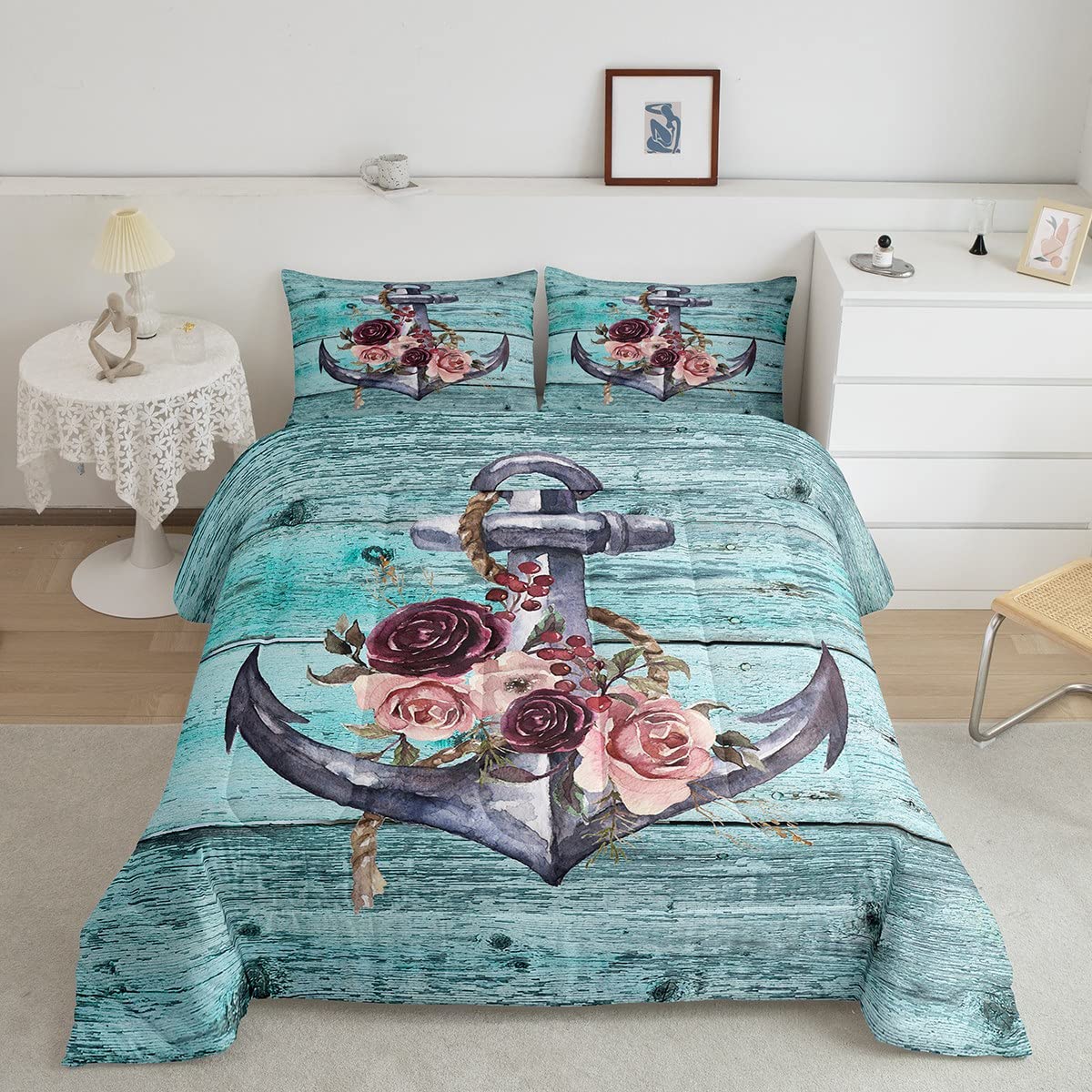 Anchor Flowers Full Size Comforter Set - Watercolor Nautical Themed Bedding with 2 Pillowcases, Sea Blue Retro Wooden Board Design for Teens Room Decor | Perfect for Coastal Themed Bedrooms, Dorm Rooms & Gift Giving