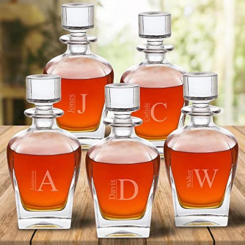 Personalized Decanter Set for Men - Custom Engraved Whiskey Decanters (Set of 5, 24 oz Antique) - Unique Groomsmen Proposal Gifts for Weddings, Bachelor Parties & Special Occasions