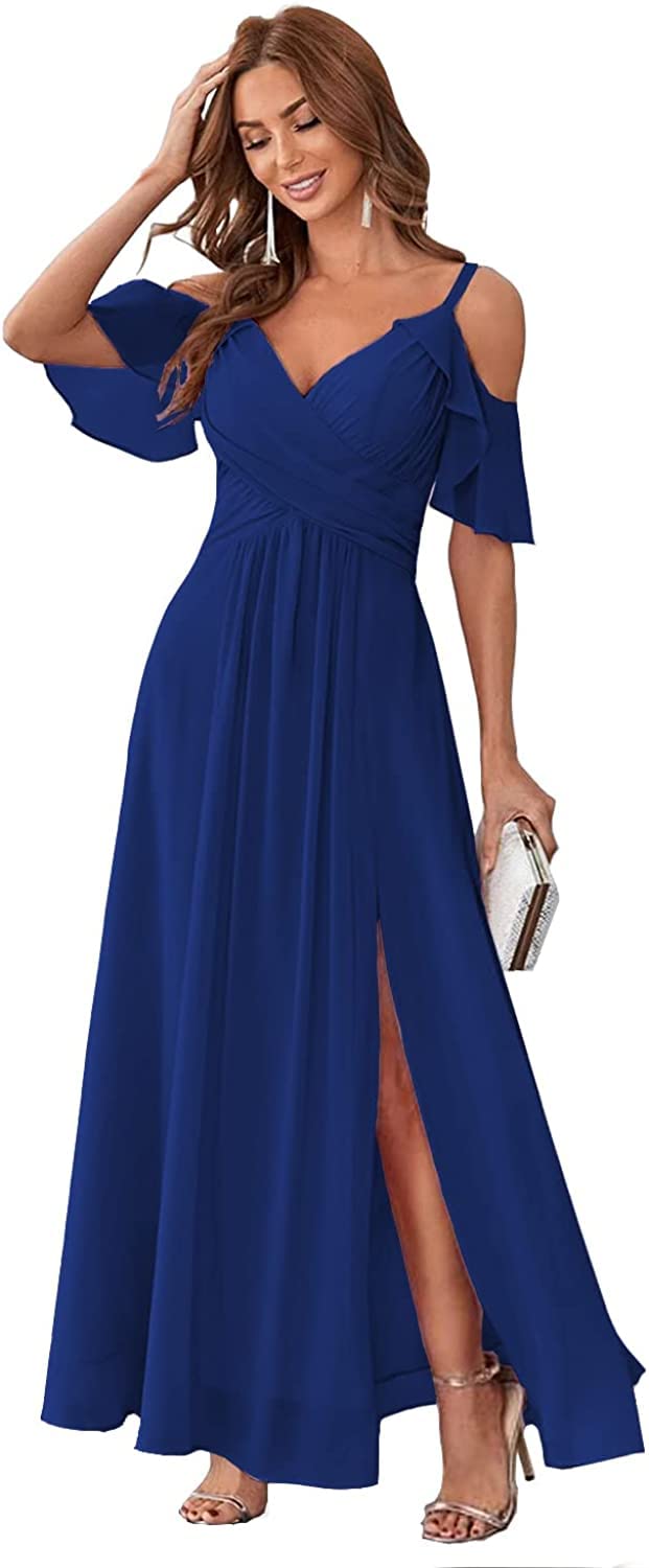 Elegant Off Shoulder Chiffon Long Bridesmaid Dress for Wedding, Prom & Evening Parties - Side Split Formal Gown for Women - Perfect for Bridal Showers, Cocktail Events & Special Occasions