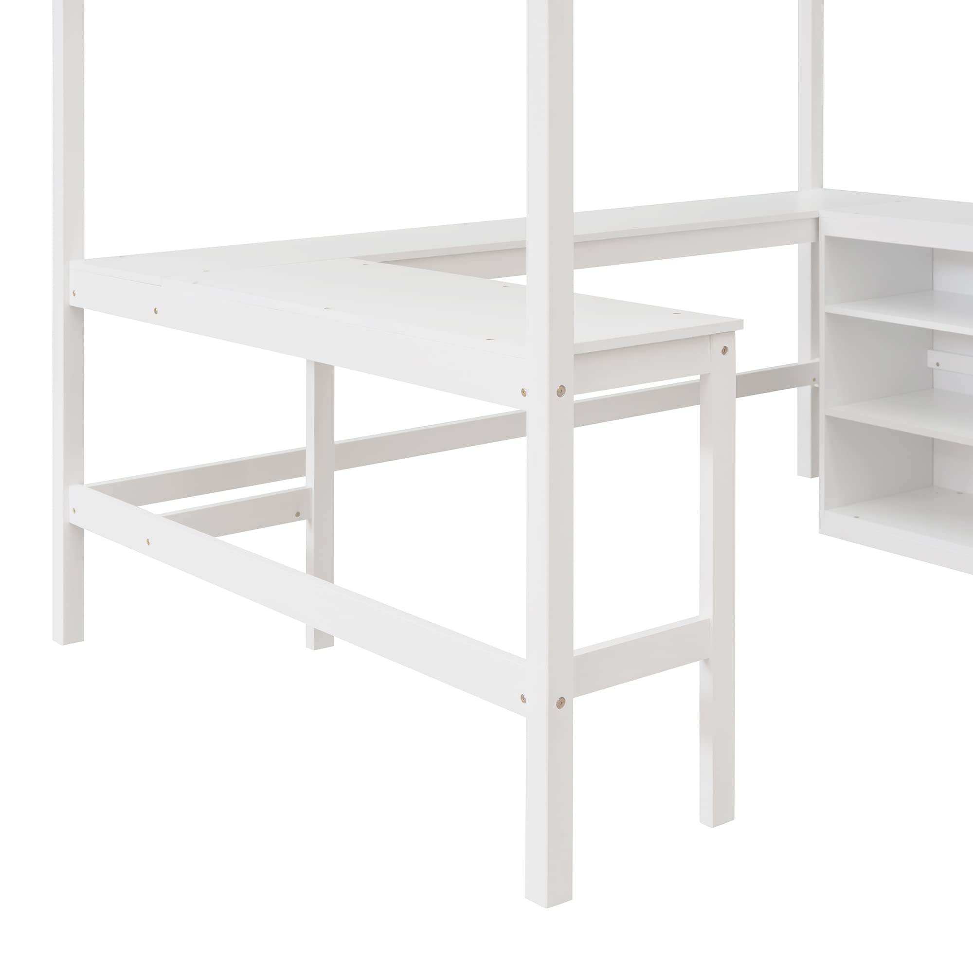 P PURLOVE Full Size Wooden Loft Bed with Long Study Desk & Shelves - Sturdy High Loft Bed for Kids & Teens - Perfect for Small Bedrooms, Dorm Rooms & Studio Apartments (Space-Saving Furniture for Study & Sleep)
