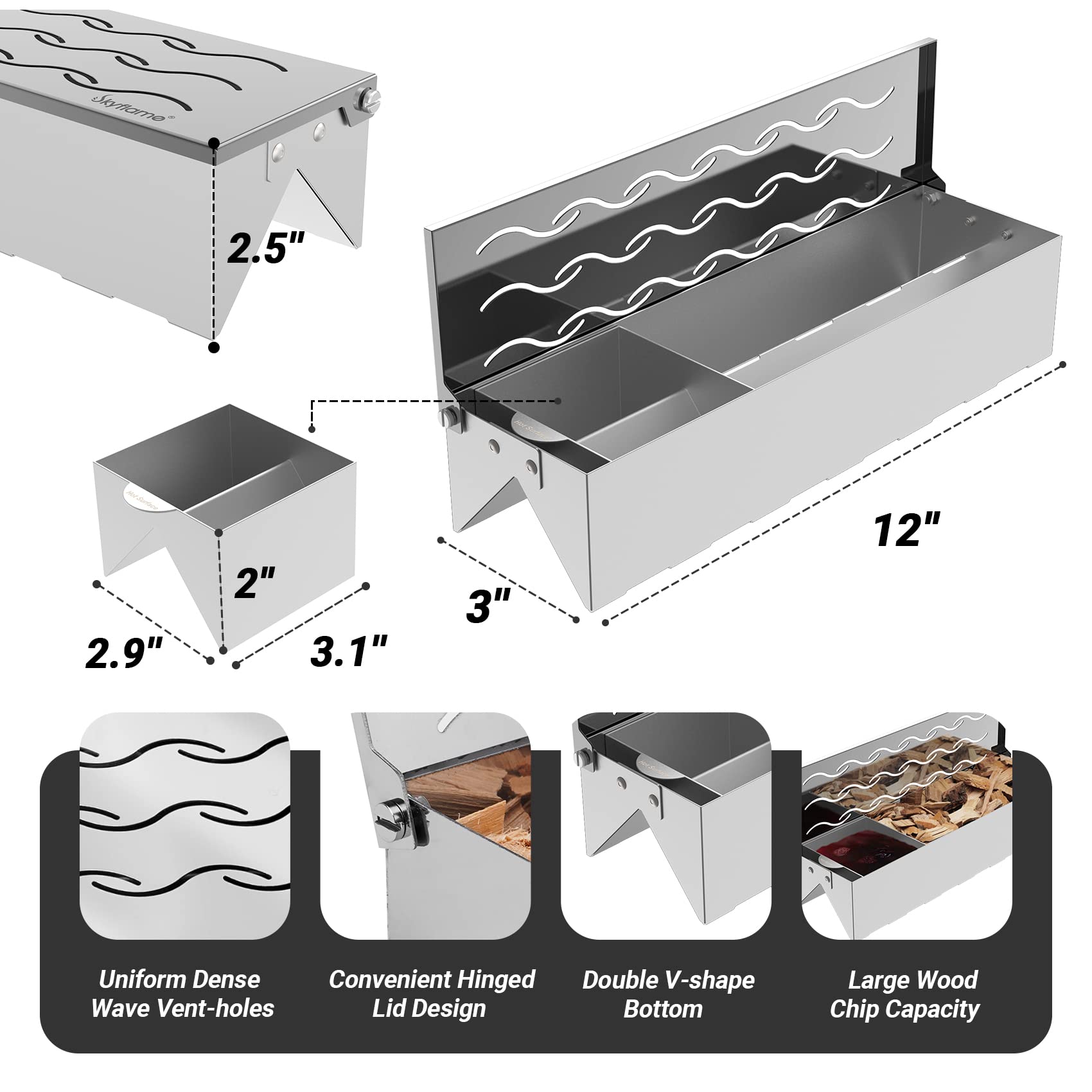 Skyflame Stainless Steel Smoker Box with Canister - Double V-Shape BBQ Wood Chips Box with Wavy Vent & Hinged Lid - 12