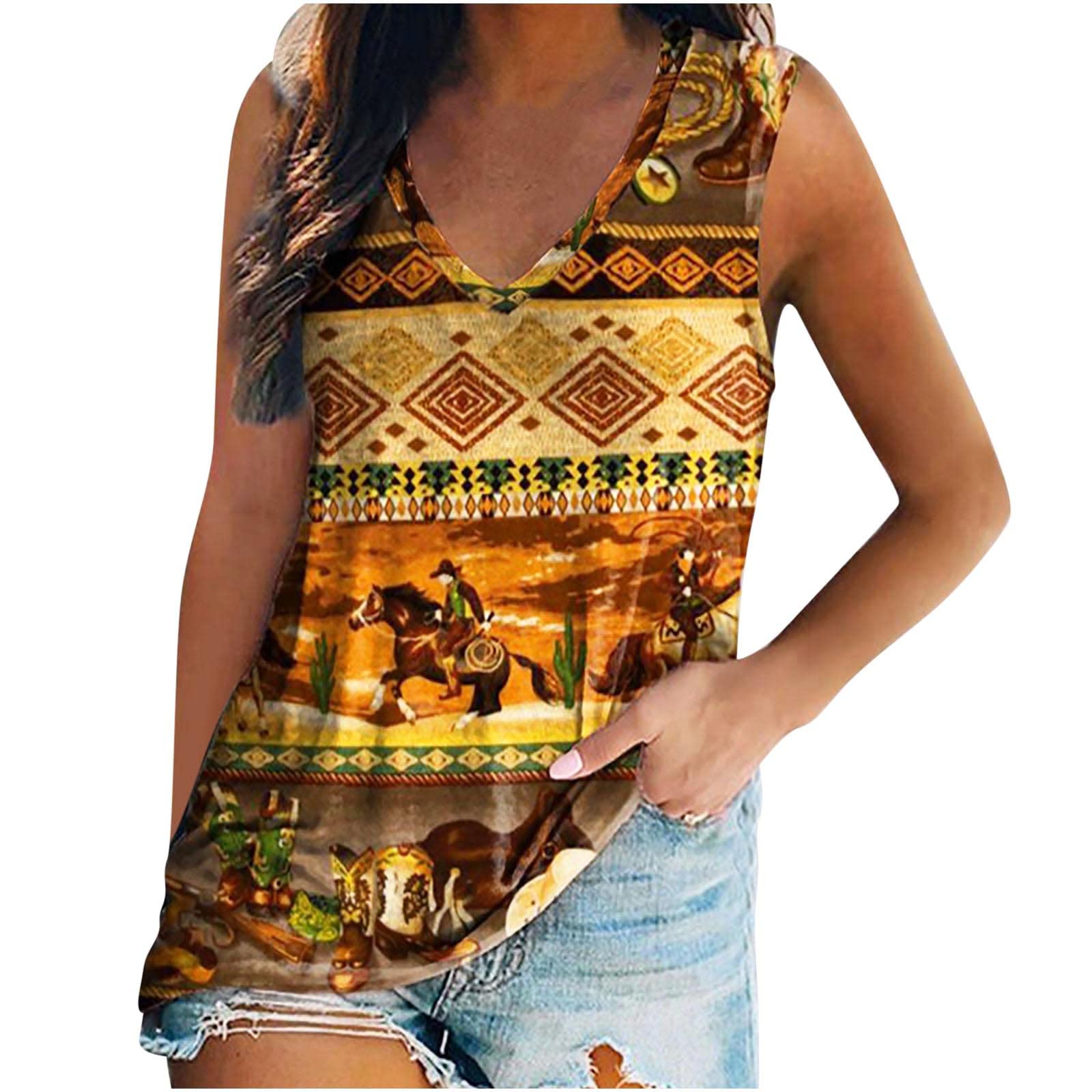 Women's Flowy V-Neck Tank Tops - Summer Sleeveless Graphic Blouses for Casual Wear & Beach Outfits | Loose Fit Ladies Shirts