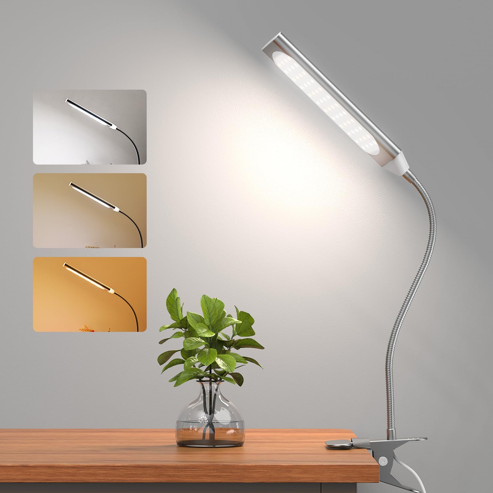 KEXIN USB LED Clip Light - Adjustable Gooseneck Desk Lamp with 3 Modes & 6 Brightness Levels, 48 Eye-Caring LEDs, 5W Home Office Reading Light (Gray) - Perfect for Bedside, Study Table, and Workspace Lighting