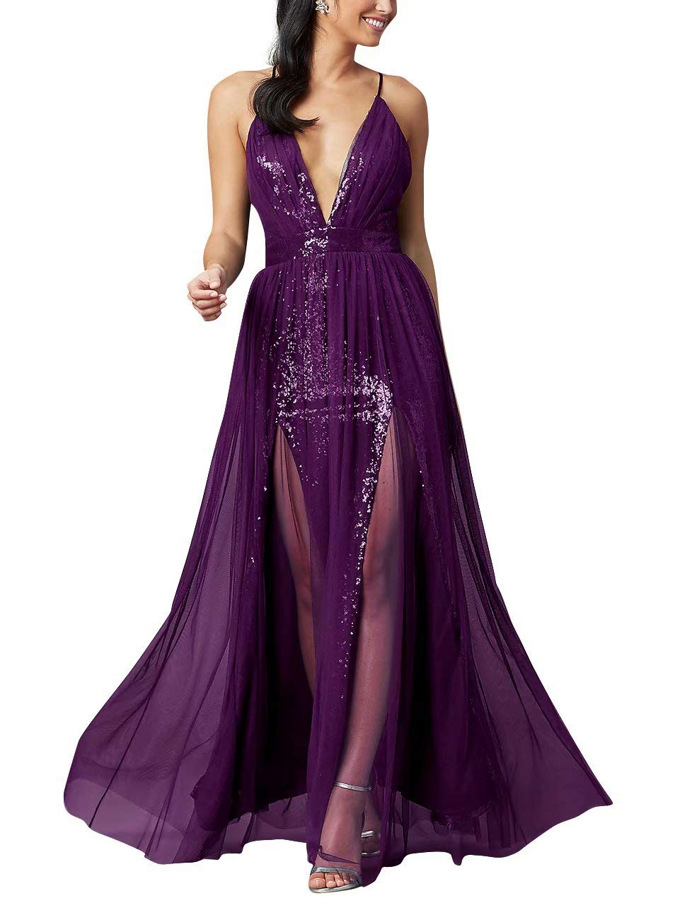 JASY Women's Long Sequined V-Neck Prom Dresses Plus Size with Slit - Elegant Evening Gowns for Homecoming, Pageant, and Formal Events