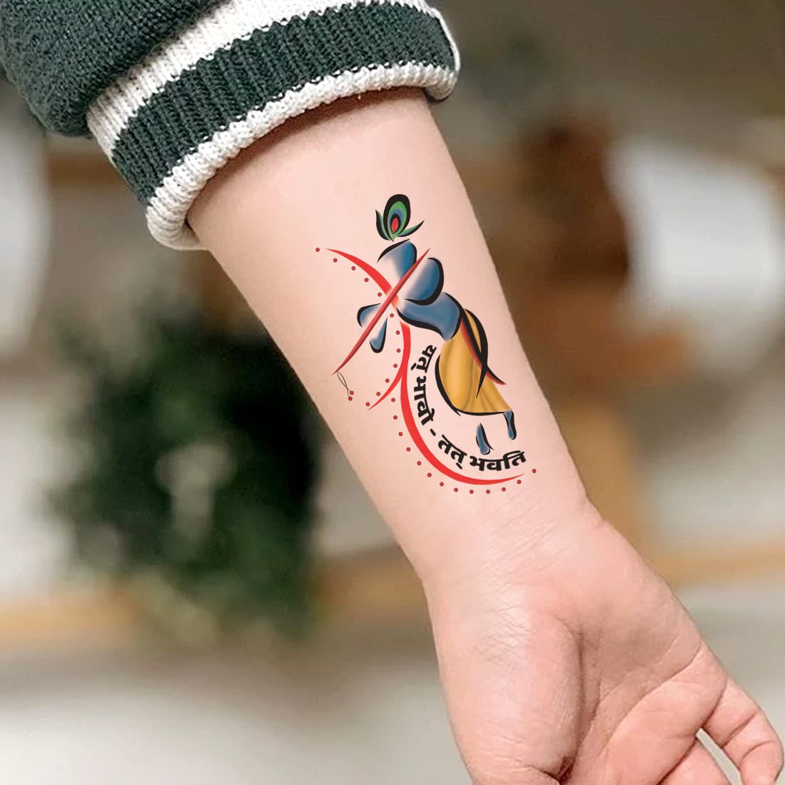 Waterproof Temporary Tattoo - Krishna Mantra Spiritual Design for Men & Women | Multi-Color Body Art for Festivals, Yoga & Spiritual Events