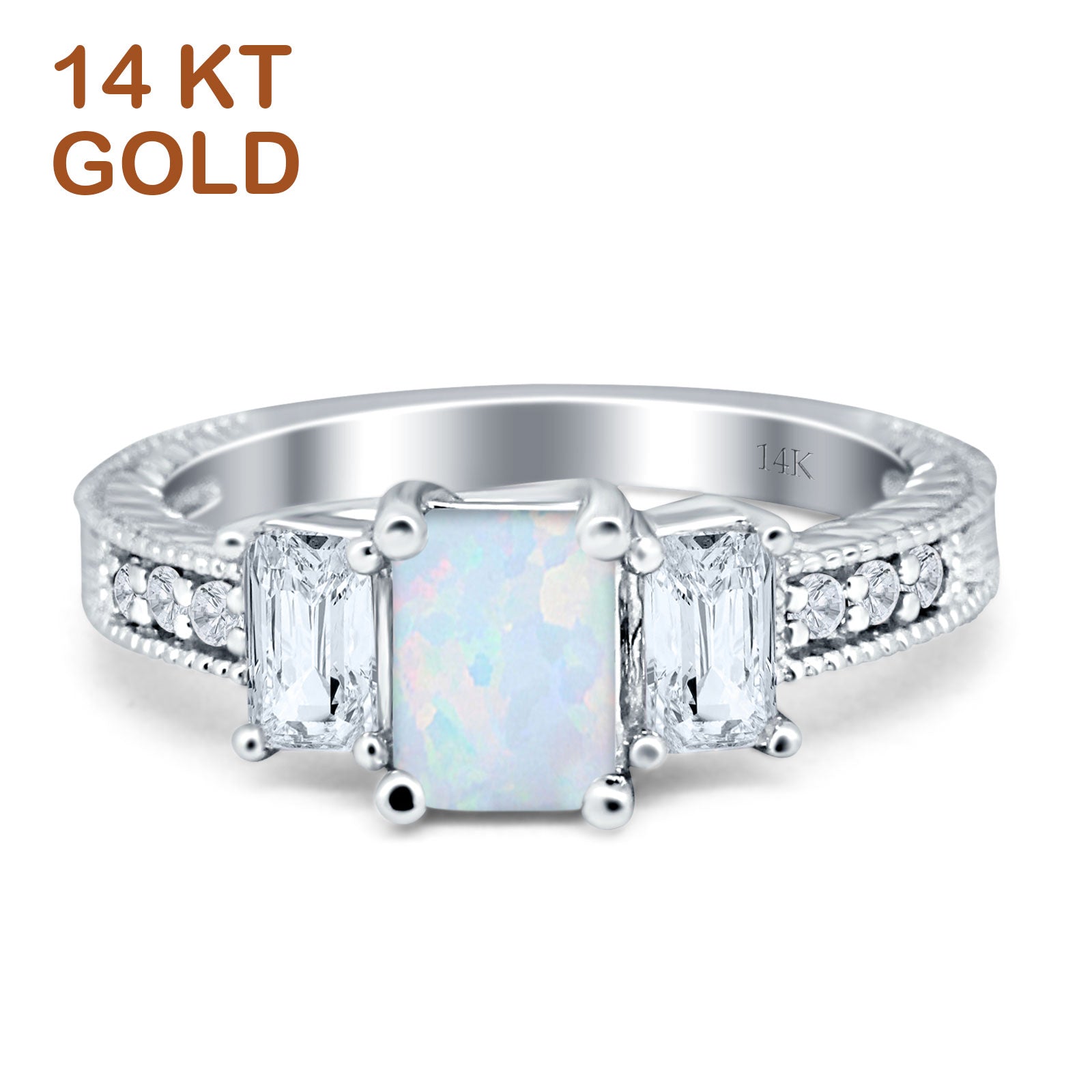 14K White Gold Three Stone Round & Emerald Cut Lab Created White Opal Milgrain Ring for Women - Elegant Vintage Style Engagement, Wedding, Anniversary Jewelry Gift