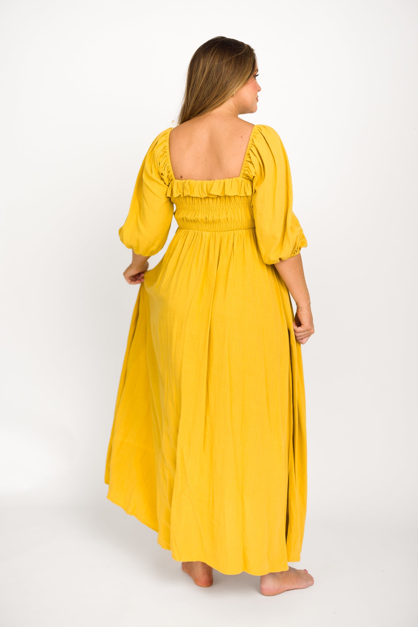Devon Smocked Maternity Maxi Dress in Mustard Yellow - Bump Friendly Flowy Summer Dress for Pregnancy, Beach & Special Occasions