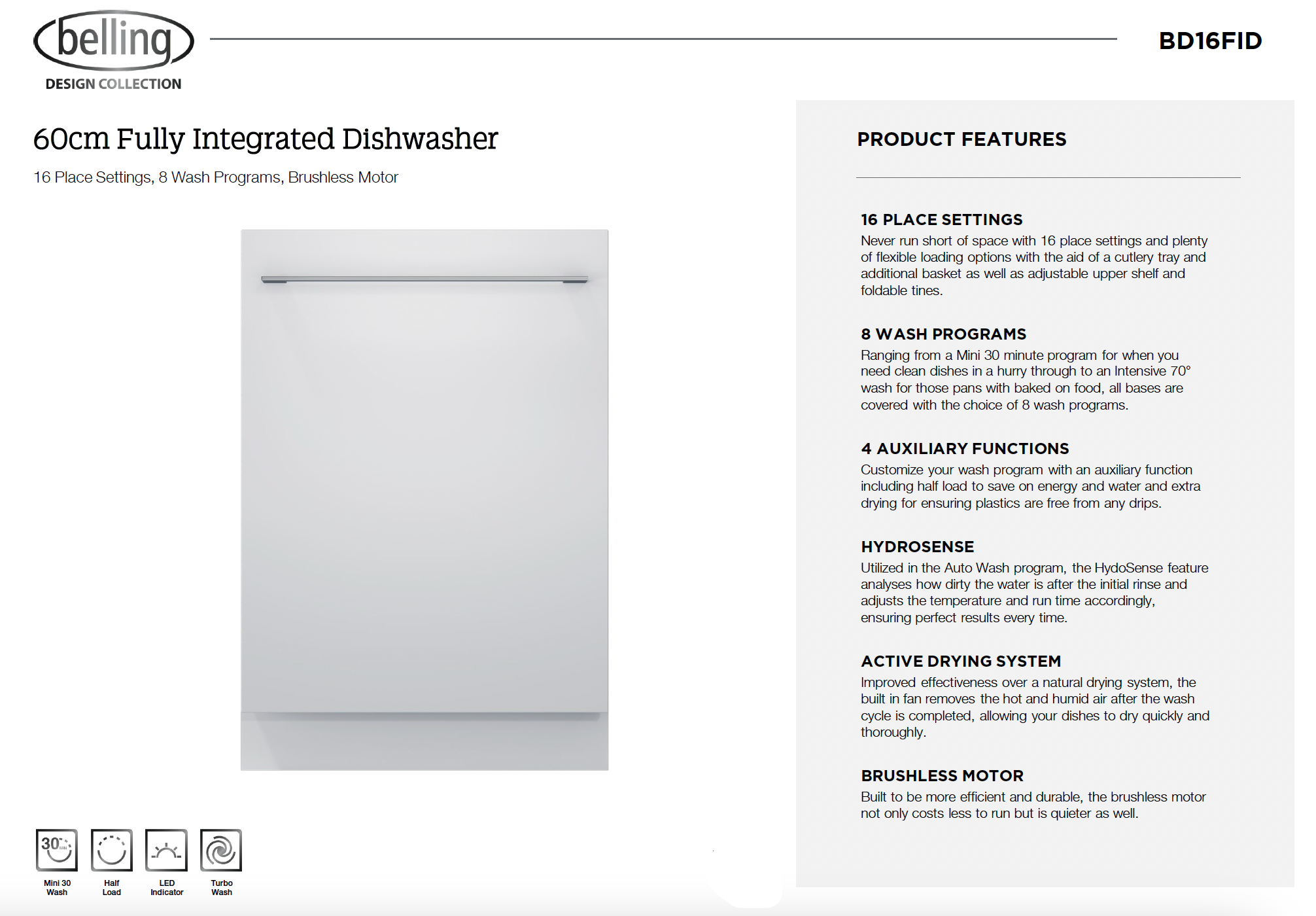 Belling BD16FID 60cm Built-in Dishwasher - Energy Efficient, Quiet Operation for Modern Kitchens | Perfect for Small Families & Compact Spaces