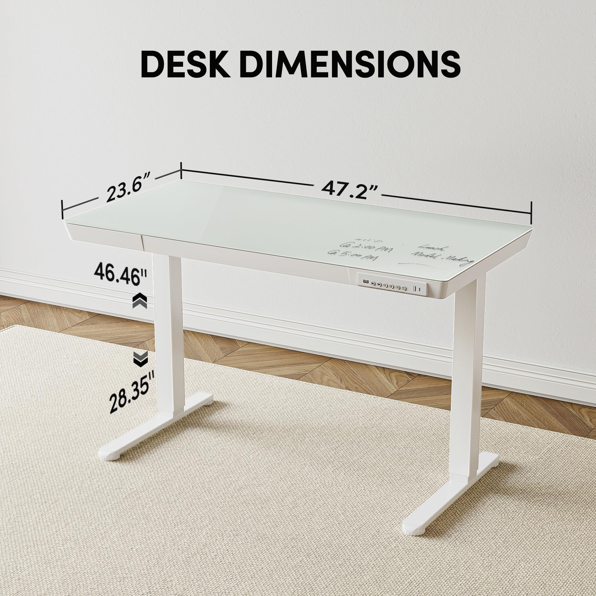 BANTI 48 Inch Electric Standing Desk with Drawers - Height Adjustable Whole-Piece Glass Desktop Ergonomic Workstation for Home Office (White) | Perfect for Remote Work, Gaming Setup & Study Space