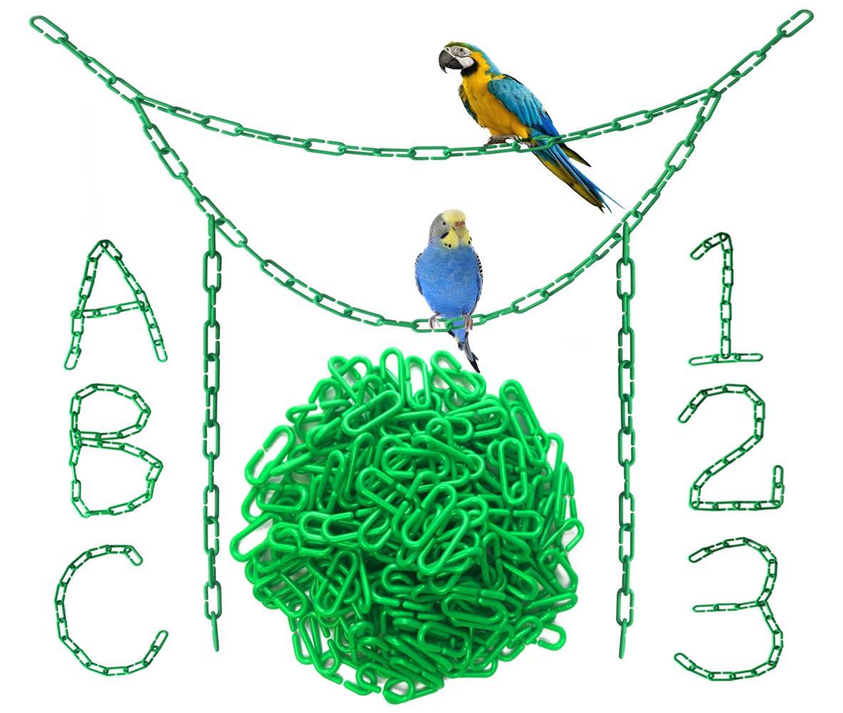 200pcs Green Plastic Chain Links - C-Clip STEM Educational Toys for Kids, Bird Cage Accessories for Parakeets, Sugar Gliders & Small Pets - Climbing, Swing & DIY Enrichment Toys for Playtime & Cage Decoration