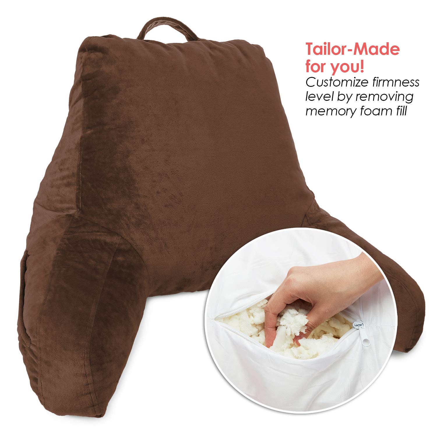 Clara Clark Kids Reading Pillow with Memory Foam Support - Small Backrest for Sitting in Bed, Gaming & Reading - Chocolate Brown Pillow with Arms & Pockets - Perfect for Bedtime Stories, Gaming & Relaxation