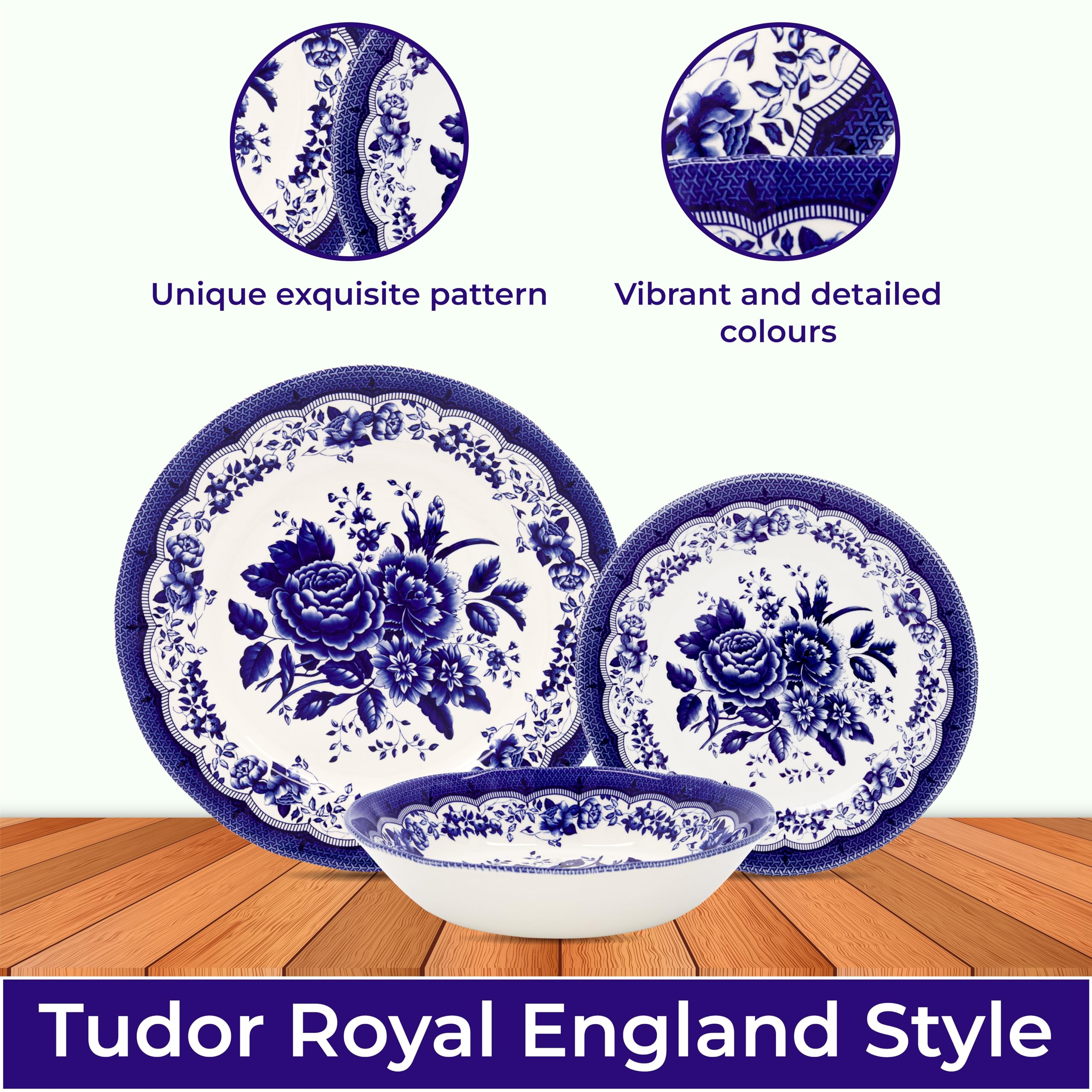 Tudor Royal 12-Piece Porcelain Dinnerware Set - Blue Floral Design for 4, Elegant Tableware for Dining & Entertaining
