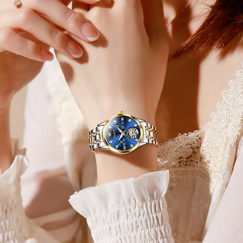 OLEVS Women's Luxury Automatic Diamond Self-Winding Dress Watch with Moon Phase & Luminous Blue Dial - Stainless Steel Waterproof Wristwatch for Business, Party & Formal Occasions