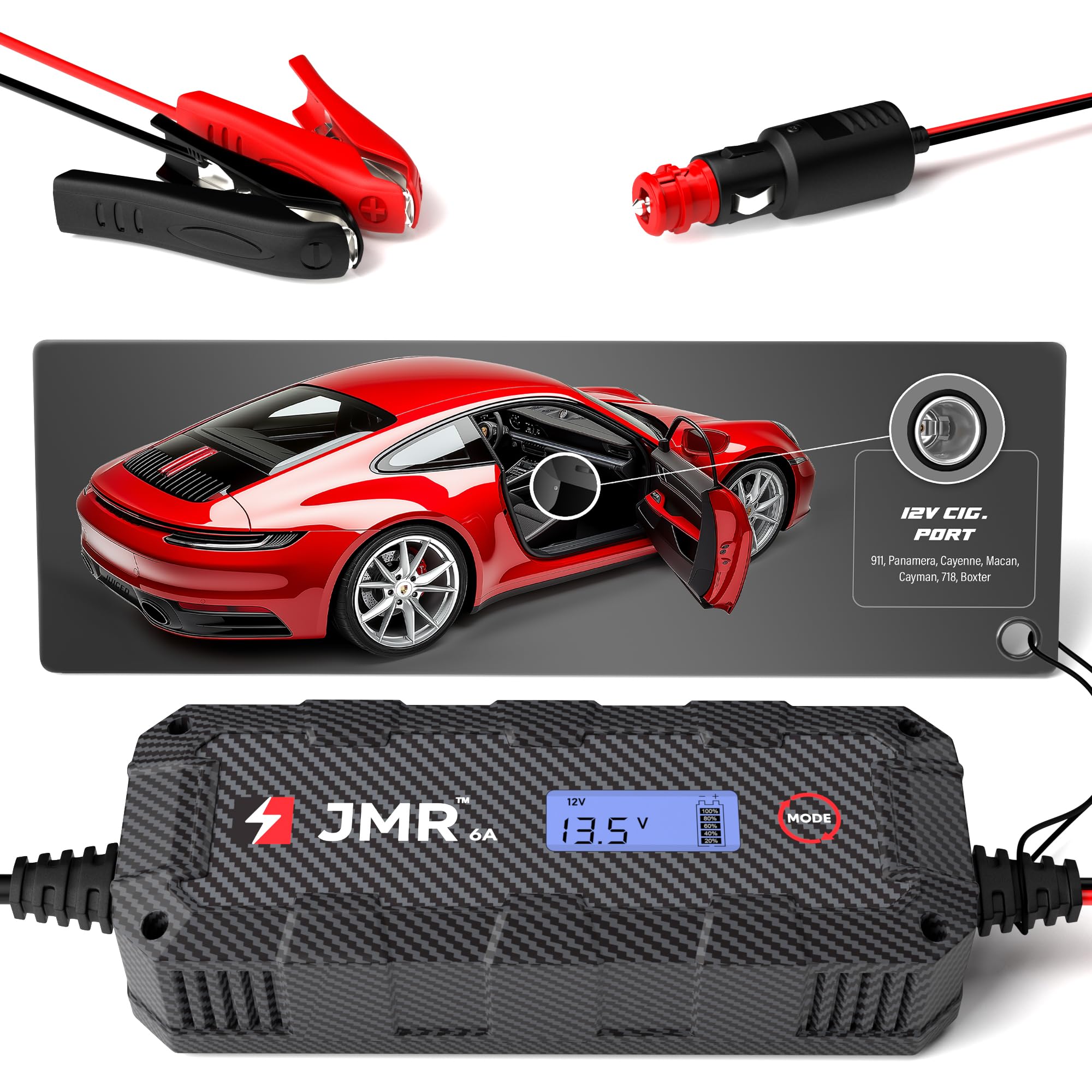 JMR Battery Charger for Porsche 911, Panamera, Cayenne, Macan, Cayman, 718 Boxster - Universal Trickle Charger & Maintainer for All Porsche Models (No Lithium Mode) - Perfect for Winter Storage & Long-Term Vehicle Maintenance
