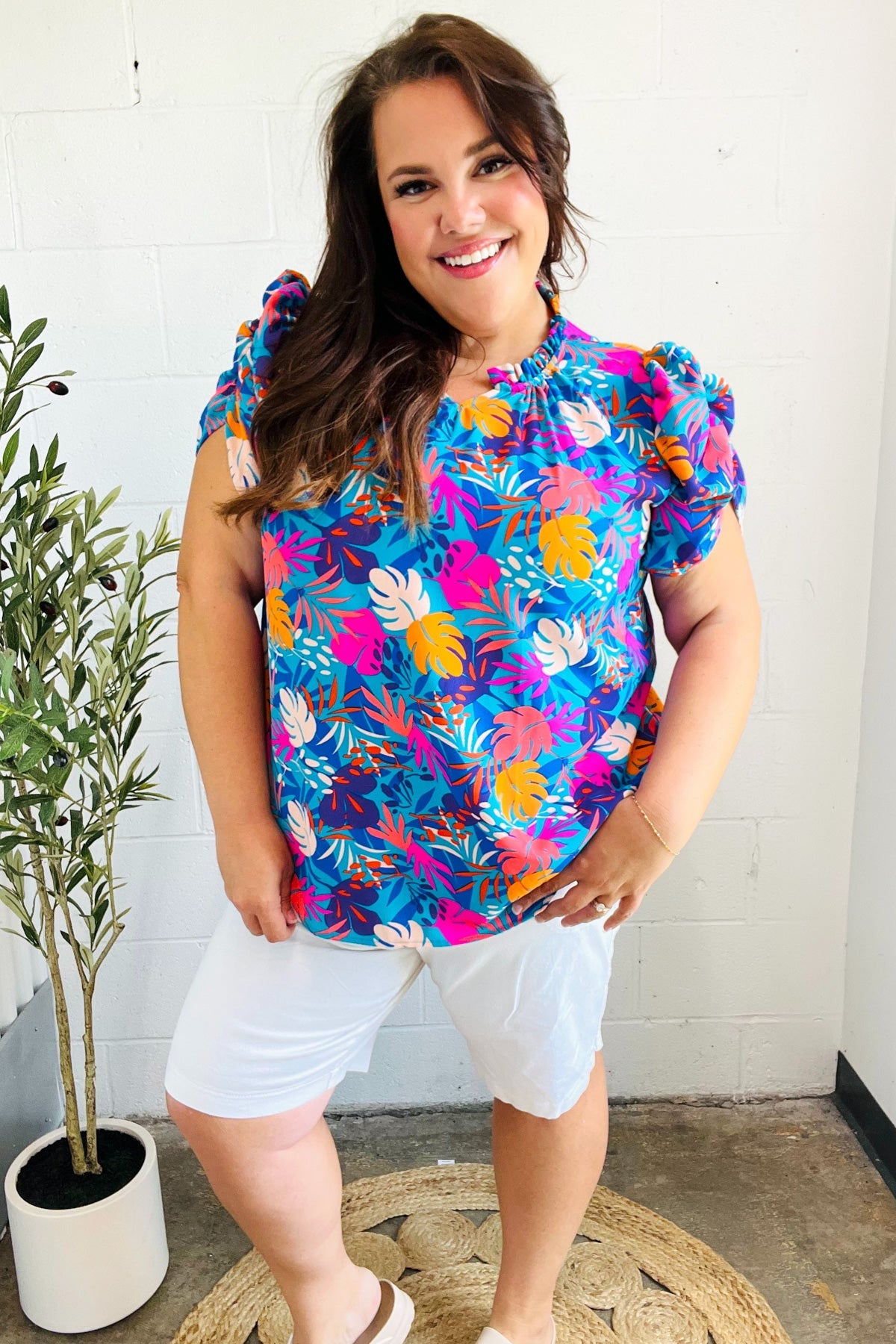 All For You Women's Aqua Tropical Print Frill Notch Neck Puff Sleeve Blouse | Summer Beach Vacation Top | Perfect for Tropical Getaways, Pool Parties & Casual Outings