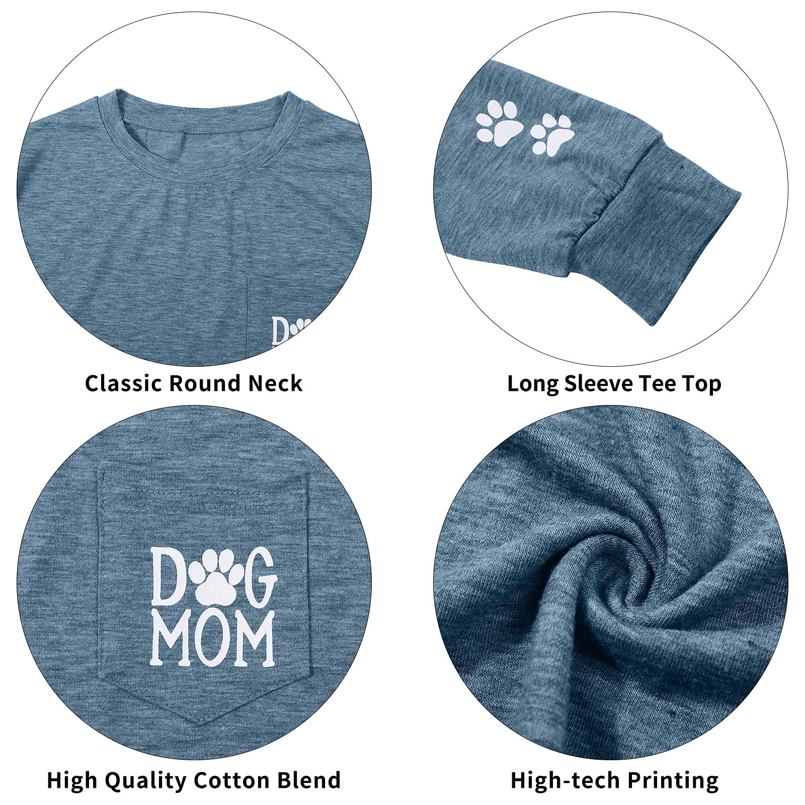 Women's Dog Paw Print Pullover - Cute Dog Mom Graphic Tee with Patch Pocket | Long Sleeve Casual Shirt for Dog Lovers | Perfect for Pet Owners, Dog Walks & Cozy Outings