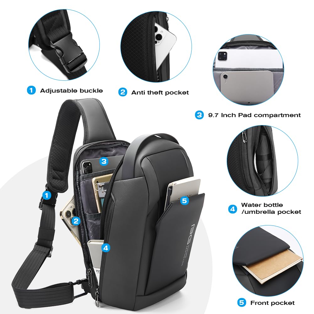BANGE Men's Sling Bag - Lightweight Crossbody Shoulder Bag for Travel, Gym & Everyday Use - Durable Nylon Messenger Bag with Adjustable Strap (Black) - Perfect for Hiking, Commuting & Outdoor Activities