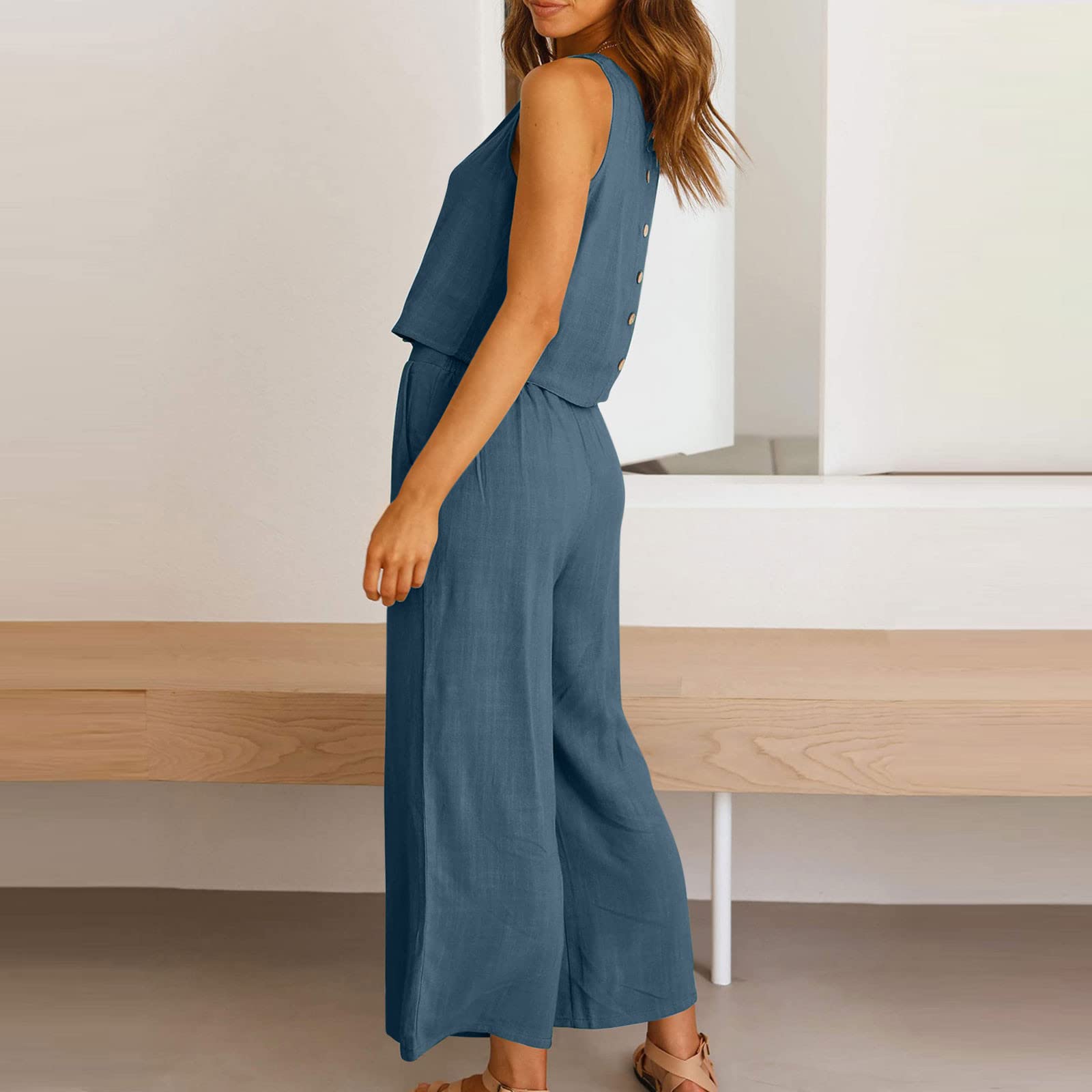 Women's 2-Piece Summer Outfit Set - Linen Crop Top & High Waist Wide Leg Capri Pants | Lounge Wear, Casual Chic, Beach Vacation, Street Style Fashion