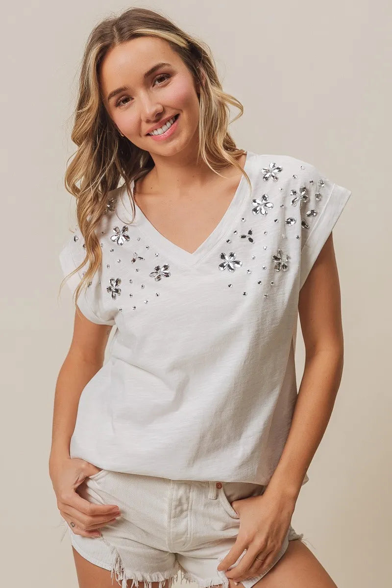 BiBi Slub Jersey Rhinestone V Neck Top - Women's Fashion Blouse for Party & Evening Wear - Elegant & Stylish Casual Outfit