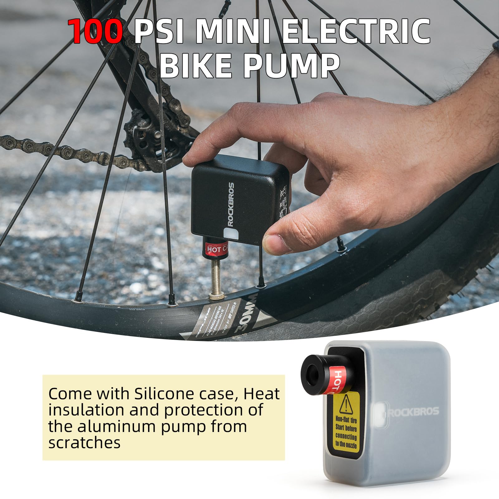 ROCKBROS Mini Electric Bike Tire Pump - 100PSI Portable Air Inflator with 300mAh Battery, Presta & Schrader Valves, Aluminum Alloy - Perfect for Road Bikes, Mountain Bikes, E-Bikes & Commuting