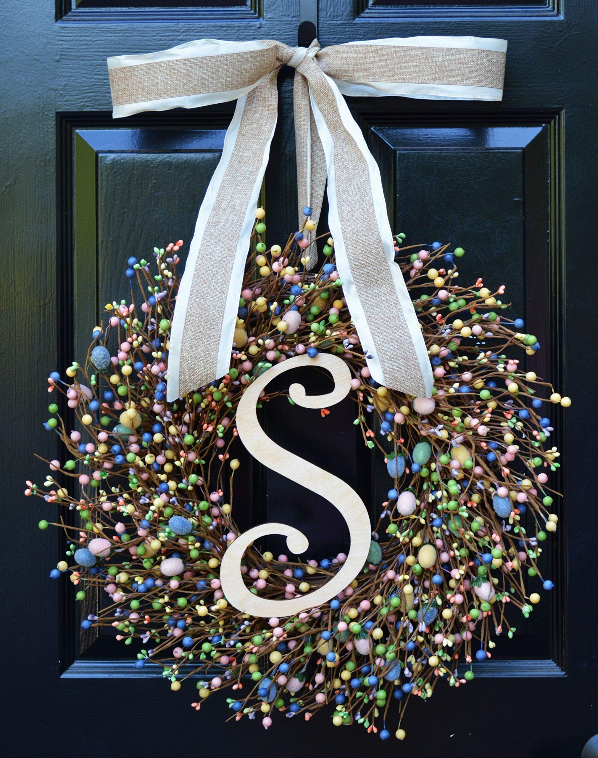 Handmade Easter Egg Berry Wreath with Monogram - Pastel Spring Door Decor for Welcoming Guests - 16-24 Inch Elegant Front Door Wreath for Indoor & Outdoor Home Wall Accent - Perfect for Easter, Spring Decorations & Holiday Front Porch Decor