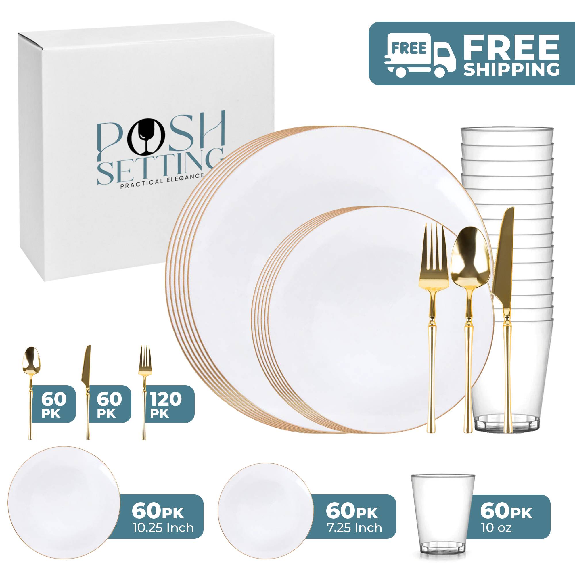 White and Gold Plastic Party Bundle - Eco-Friendly Disposable Tableware Set for Birthday, Wedding & Holiday Celebrations - Perfect for Outdoor Picnics, BBQs and Festive Gatherings