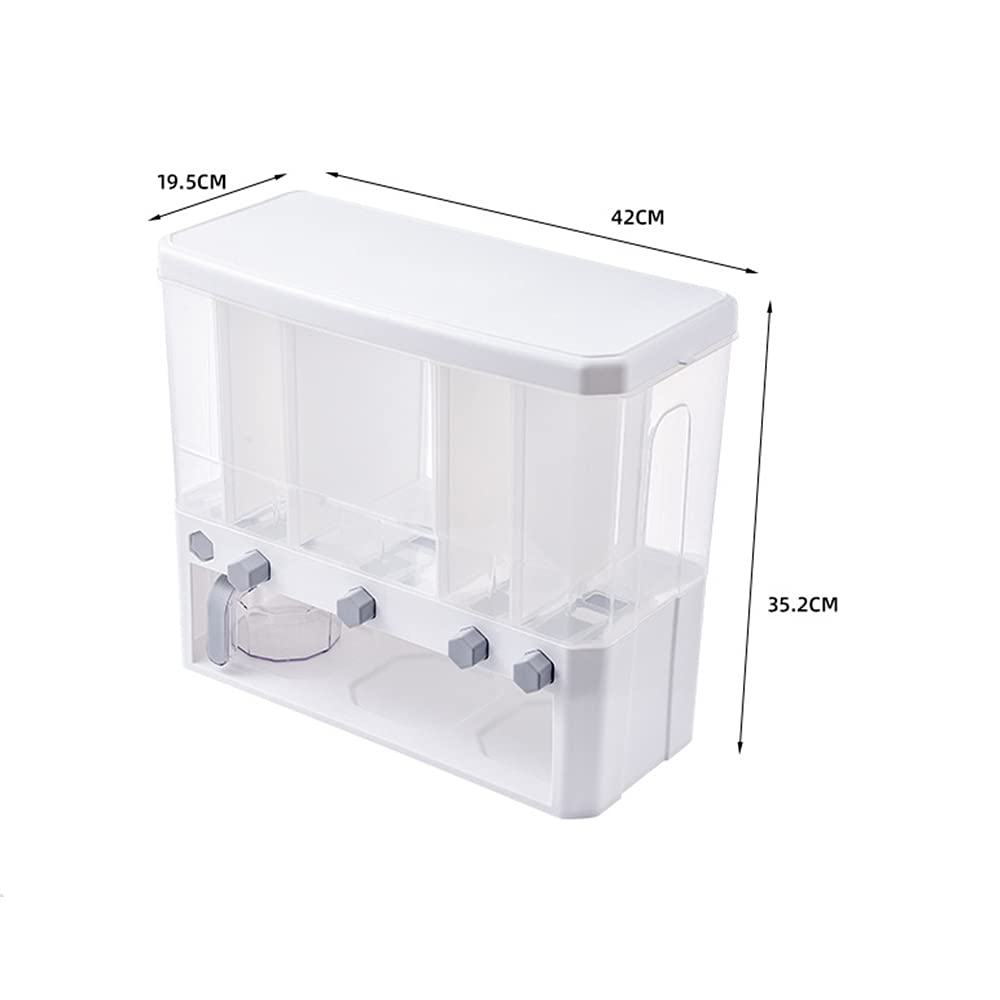 Clear Plastic 5-Grid Cereal Dispenser with Lid - Dry Food Storage Container for Rice, Cereal, Pasta - Perfect for Kitchen Pantry Organization (White)