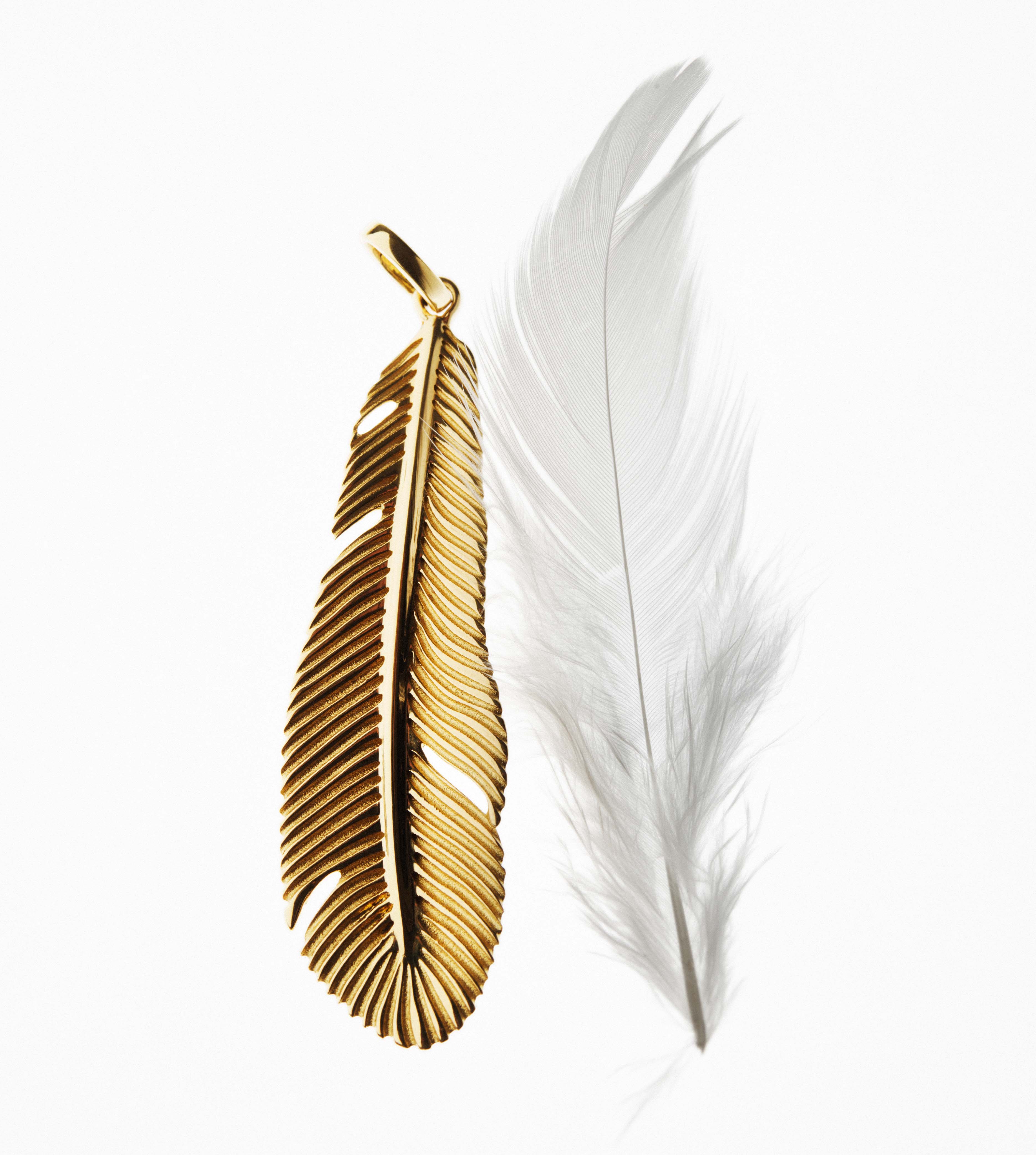 Feather Large Pendant Necklace in 14K Yellow Gold with Annex Link Chain - Elegant Jewelry Gift for Women, Perfect for Weddings, Parties & Special Occasions