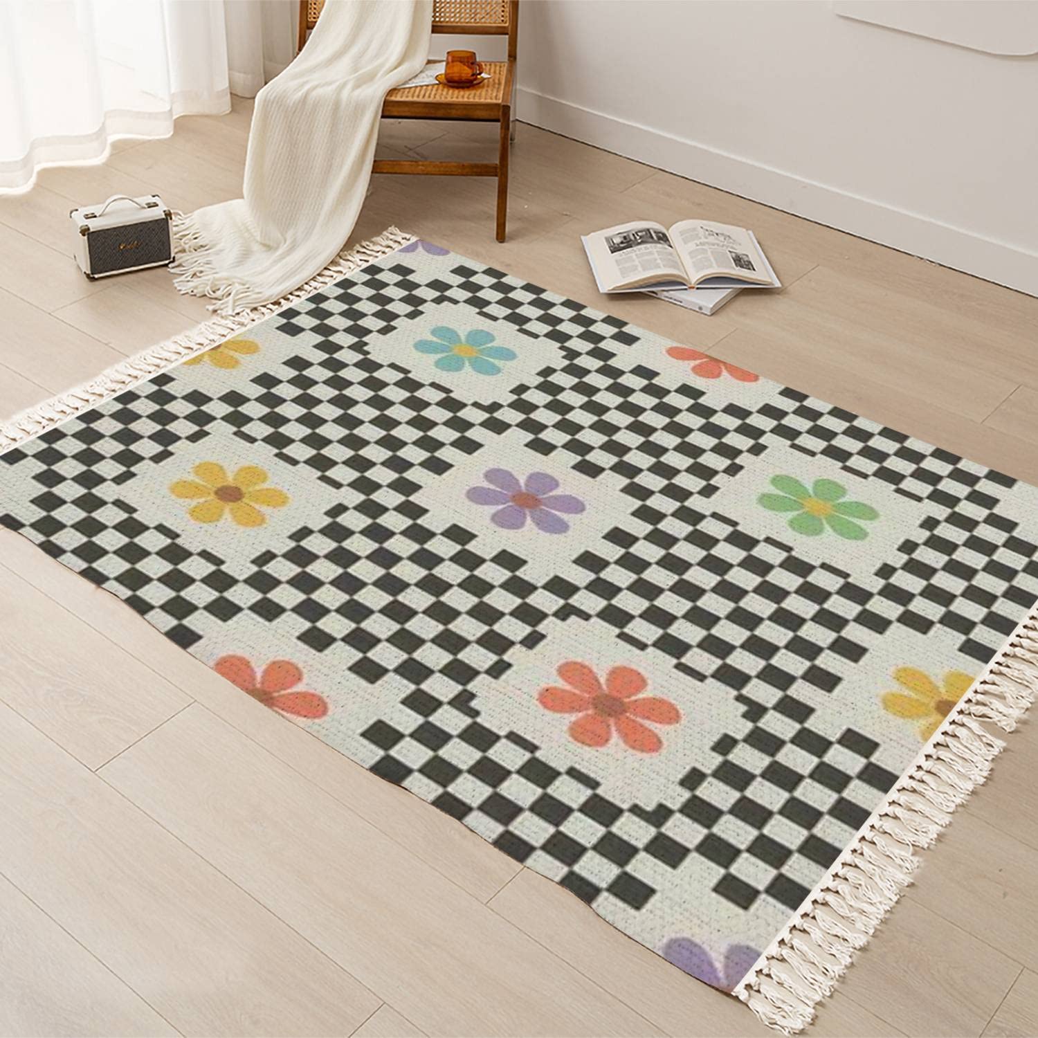 Tassels Area Rug - Seamless Checkered Floral Cotton Linen Throw Rug | Washable Woven Carpet Runner for Bathroom, Laundry, Bedroom & Kitchen | Soft Home Decor Mat for Living Room, Nursery & Entryway