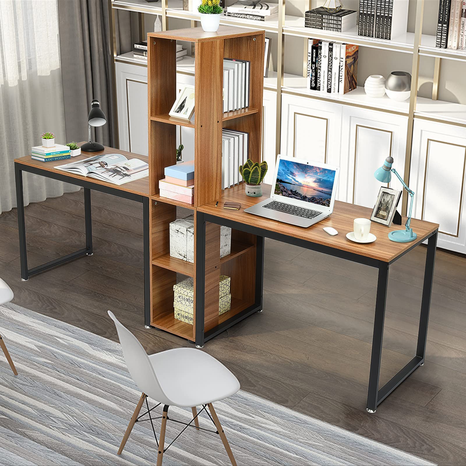 COOH 2-Person Home Office Desk - Large Dual Workstation Computer Desk with Storage & 4-Tier Shelves (Brown) - Perfect for Shared Workspaces, Couples, or Home Office Teams