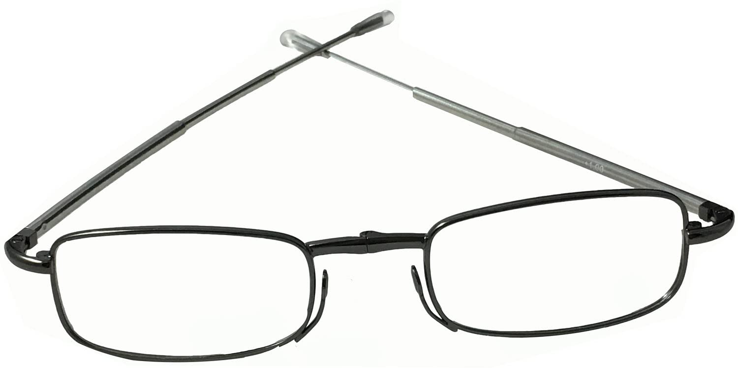 Unisex Folding Reading Glasses 2.00 Strength - Non-Polarized Black Frame with Plastic Case - Narrow Fit for Reading, Working & Travel