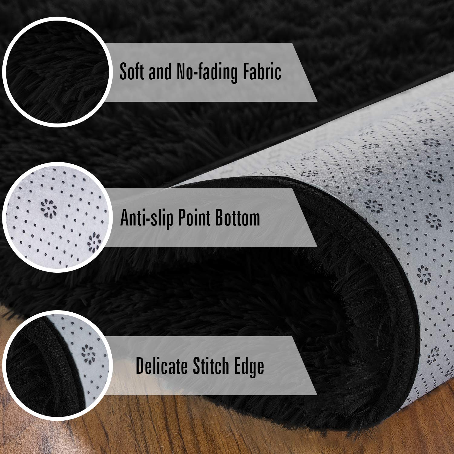 Andecor Soft Fluffy Shaggy Area Rug 8x10 Feet - Plush Bedroom Rug for Kids, Boys & Girls - Non-Slip Nursery, Dorm, Living Room Carpet - Cozy Home Decor Floor Mat (Black) - Perfect for Playrooms, Bedside & Lounge Areas