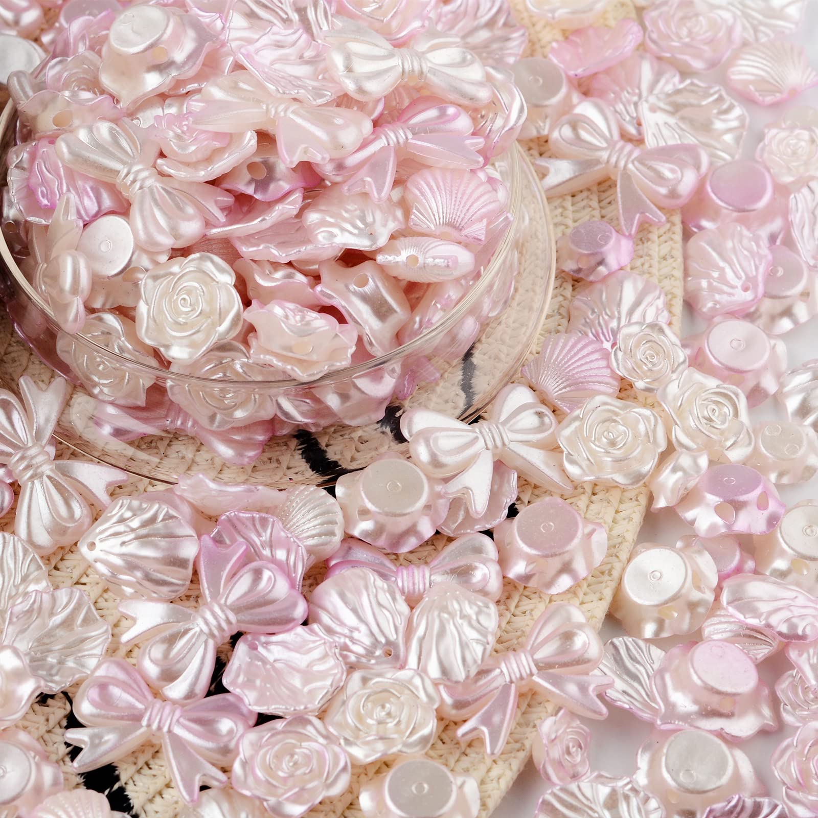 Umillars 100pcs Flatback Rhinestones Resins - Mixed Shapes (Flowers, Seashells, Bow-Knot) DIY Craft Embellishments - Baroque Pink Loose Gems for Jewelry Making, Scrapbooking & Nail Art Decoration