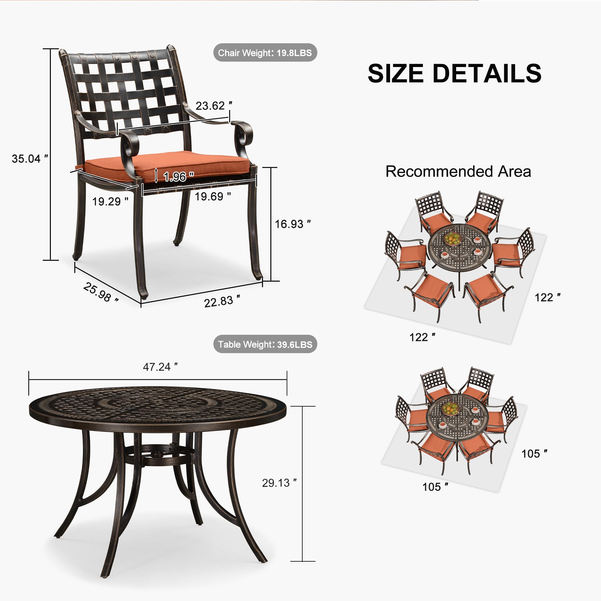 PURPLE LEAF 7-Piece Outdoor Dining Set - Cast Aluminum Patio Furniture with 6 Armchairs & 47