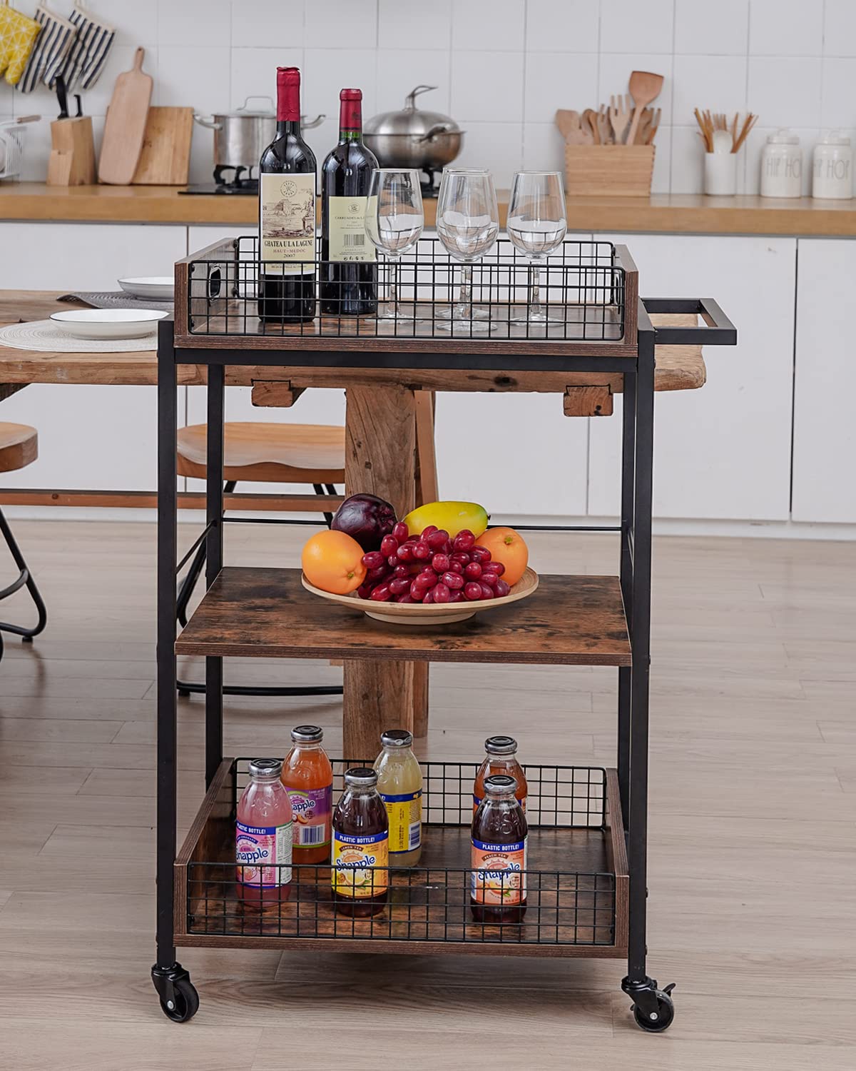 Vintage Industrial Bar Cart with Wheels & Handle - Rolling Kitchen Storage Cart, Removable Top Tray Serving Trolley, Mobile Liquor Cabinet for Home, Office or Party Use - Brown