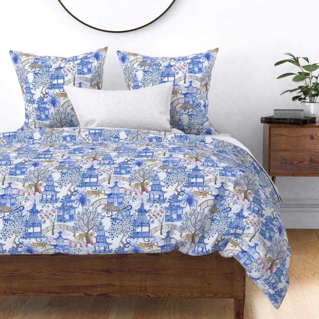 Custom Spoonflower Cotton Sateen Duvet Cover King/California King - Chinoiserie Leopard & Pagoda Forest Print Blue White Toile Bedding | Perfect for Bohemian, Eclectic & Asian-Inspired Bedroom Decor