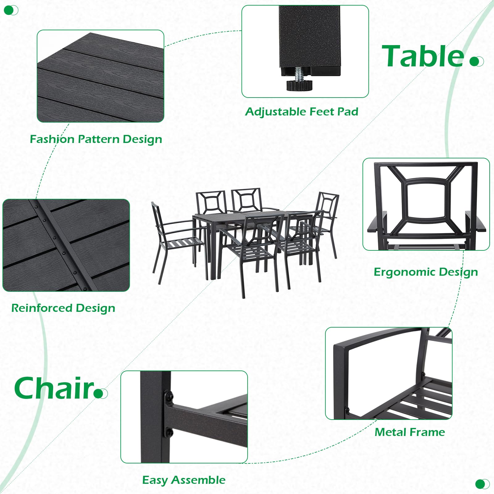 AECOJOY 7-Piece Outdoor Dining Set - Durable Aluminum Patio Table & 6 Stackable Metal Chairs for Garden, Backyard, Deck - Weather-Resistant Matte Black - Perfect for BBQs, Poolside Gatherings & Outdoor Entertaining
