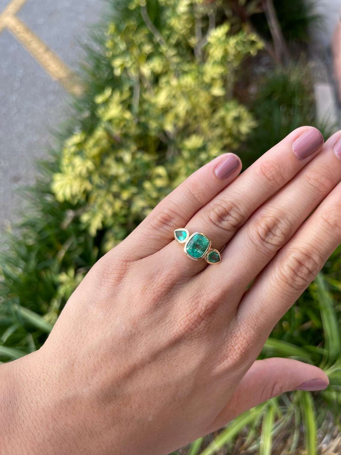 14K Gold Three Stone Cushion & Pear Emerald Ring (4.40tcw) - Elegant Jewelry for Engagement, Wedding & Special Occasions