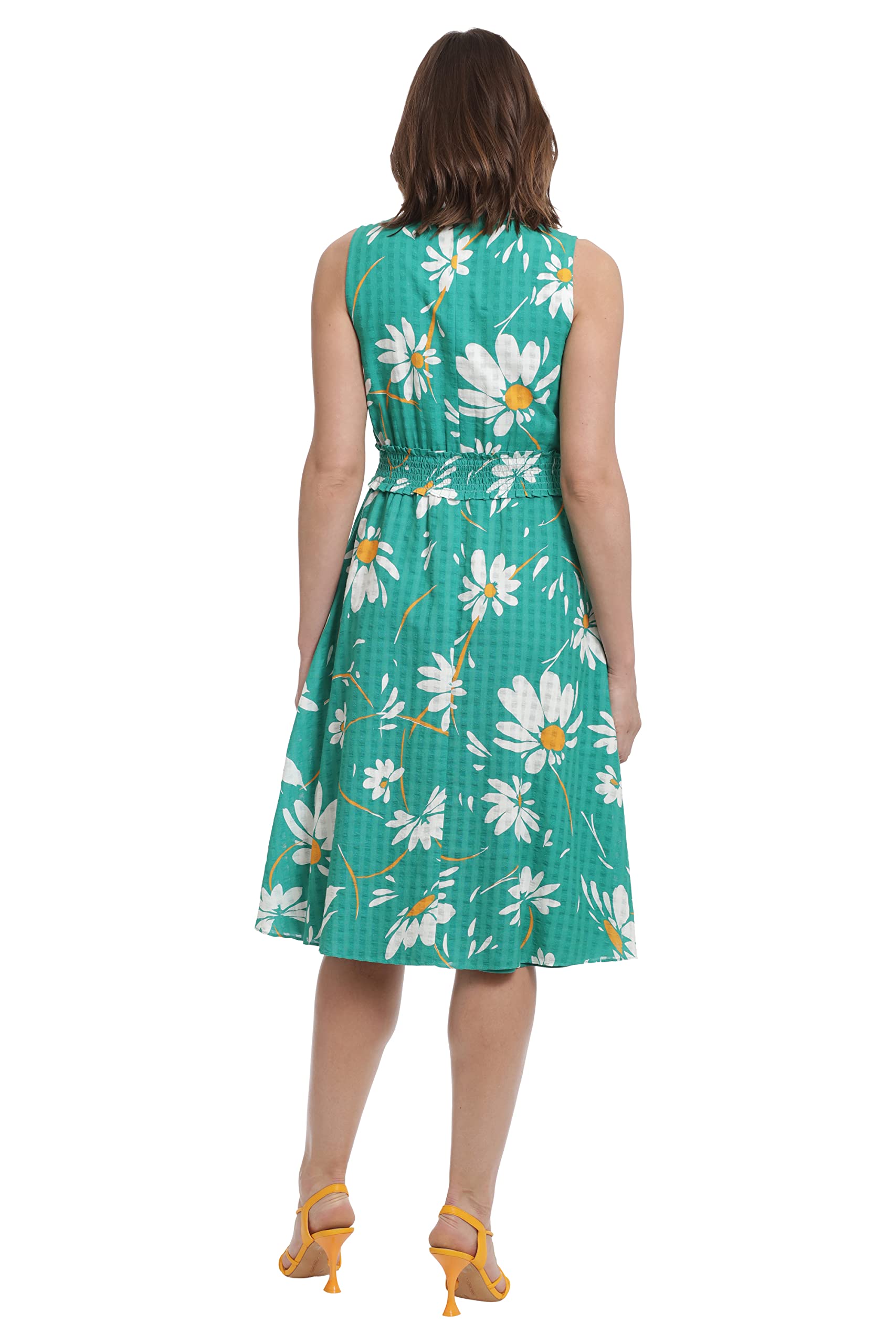 London Times Women's Daisy Print Midi Dress with Elastic Waist & Ruffle Collar - Casual Summer Vacation Dress for Beach, Party, and Outdoor Activities