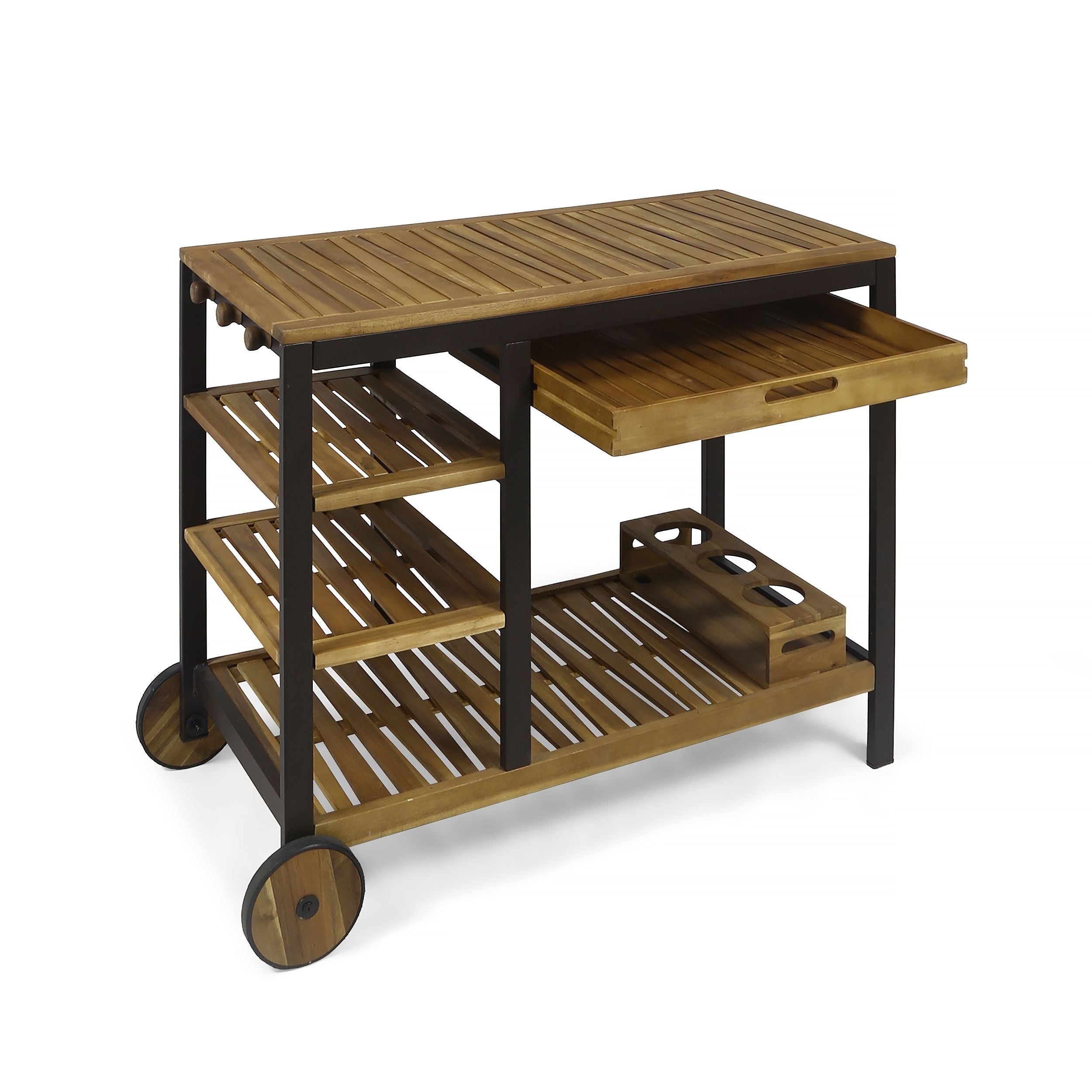 Acacia Wood and Iron Bar Cart with 4 Shelves, Wine Holders & Reversible Drawers - Perfect for Home Bar, Kitchen Storage & Outdoor Entertaining