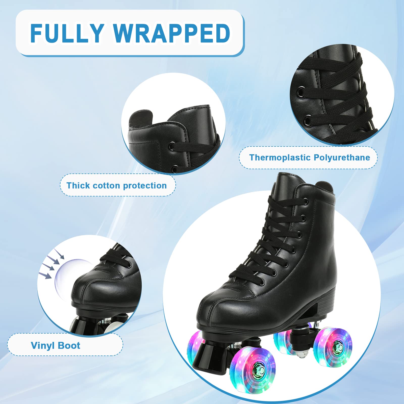 Women's PU Leather Roller Skates with Light Up Wheels - Classic Double Row Black Roller Skates for Women, Men & Girls - Outdoor Skating, Rink, Fitness & Fun Activities
