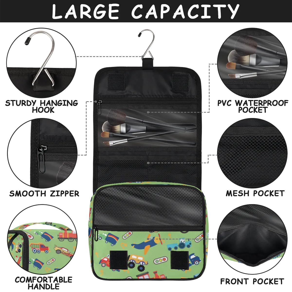 Durable Hanging Travel Toiletry Bag with Hook - Waterproof Cosmetic Organizer for Men & Boys - Perfect for Trucks, Tractors & Cars - Ideal for Toiletries, Makeup & Accessories Storage on Road Trips & Camping