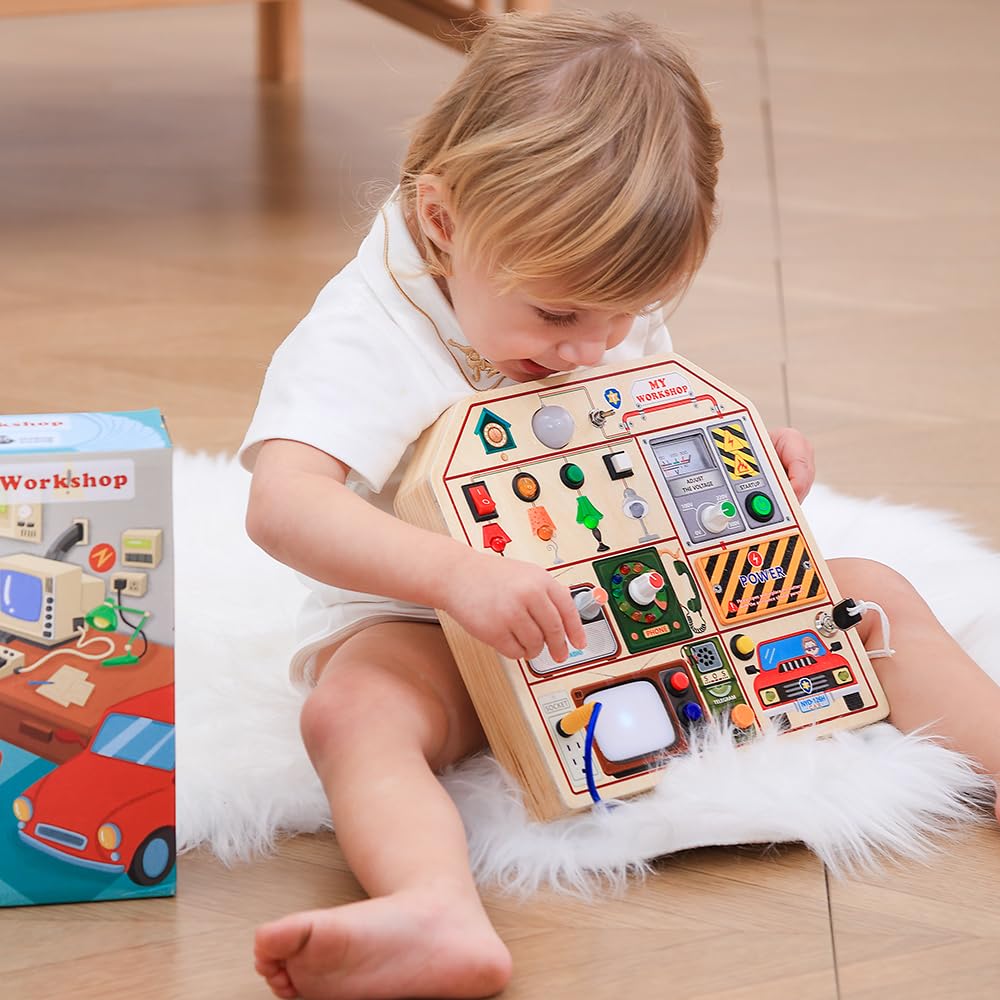 Montessori Wooden Busy Board for Toddlers 1-3 Years Old - Sensory Learning Toy with LED Lights, Switches, TV, Radio & Car Driving - Travel & Birthday Gift for Boys & Girls - Perfect for Airplane, Car Rides & Home Playtime