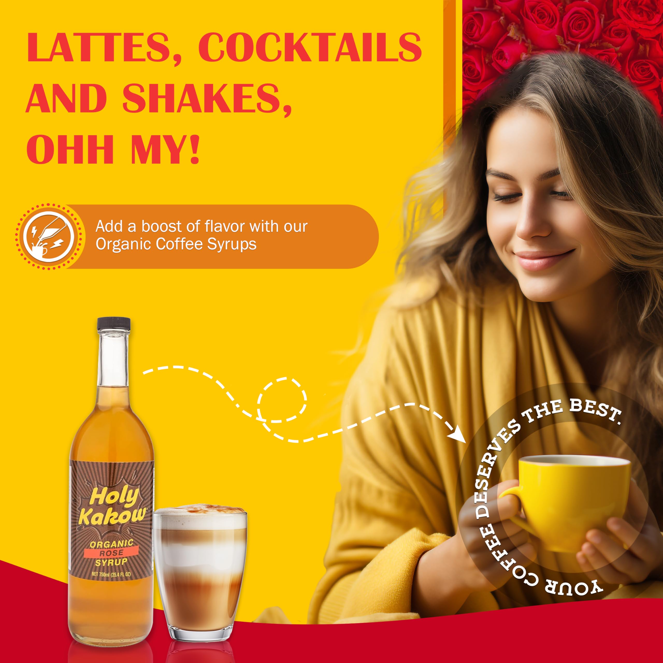 Holy Kakow Organic Rose Syrup for Coffee, Lattes, Cocktails & Shakes - 750ml | Natural Flavor Enhancer for Beverages, Baking & Desserts | USDA Certified Organic, Real Food Ingredients