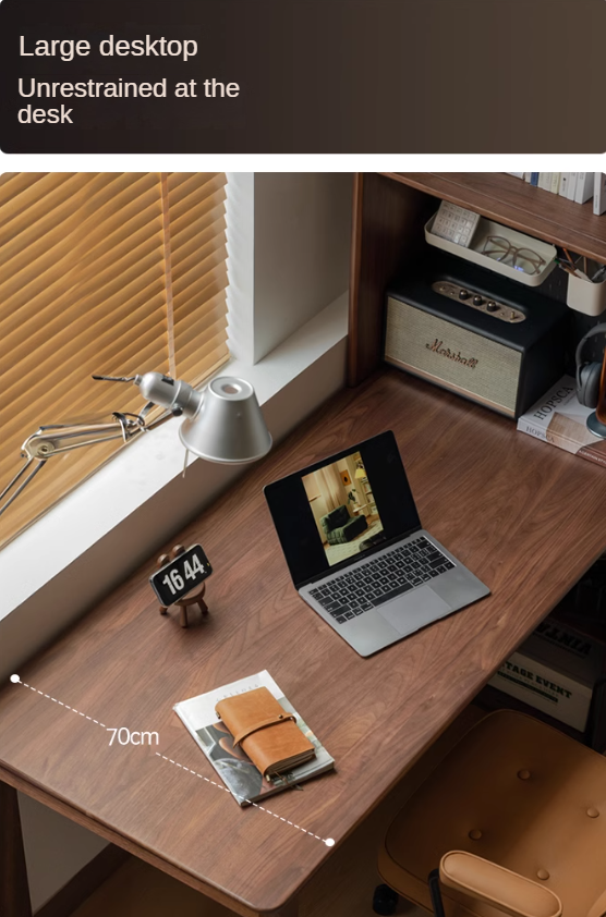 Premium Black Walnut Solid Wood Storage Cabinet with Integrated Office Desk - Modern Light Luxury Style for Home Office & Living Room Organization