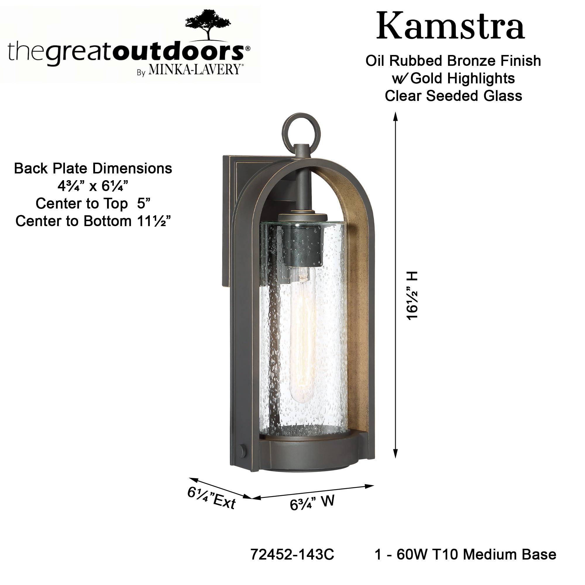 Minka Lavery 72452-143C Kamstra Outdoor Wall Light - 60W Exterior Wall Lantern in Oil Rubbed Bronze - Perfect for Porch, Patio, Garden & Entryway Lighting